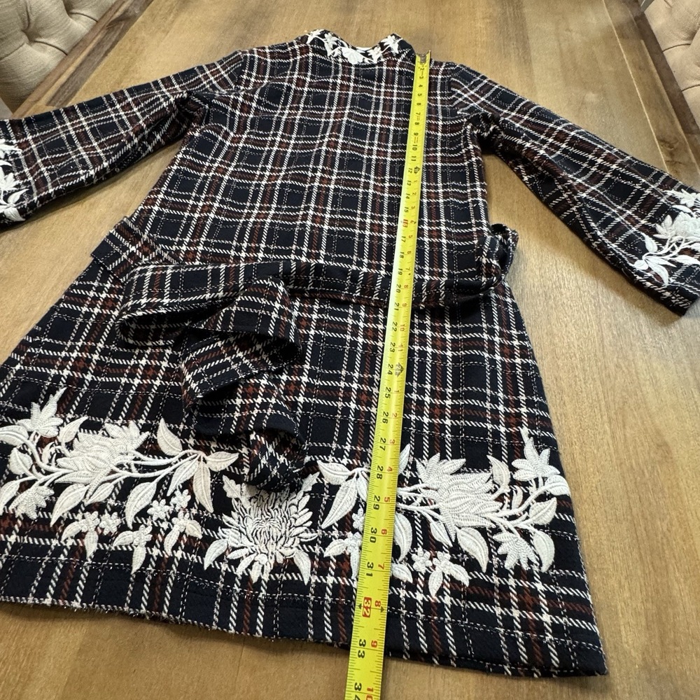 Fanm Mon Layla Tweed Mini Dress Size Small Mock Neck Blue Plaid Embroidered - Picture 5 of 15